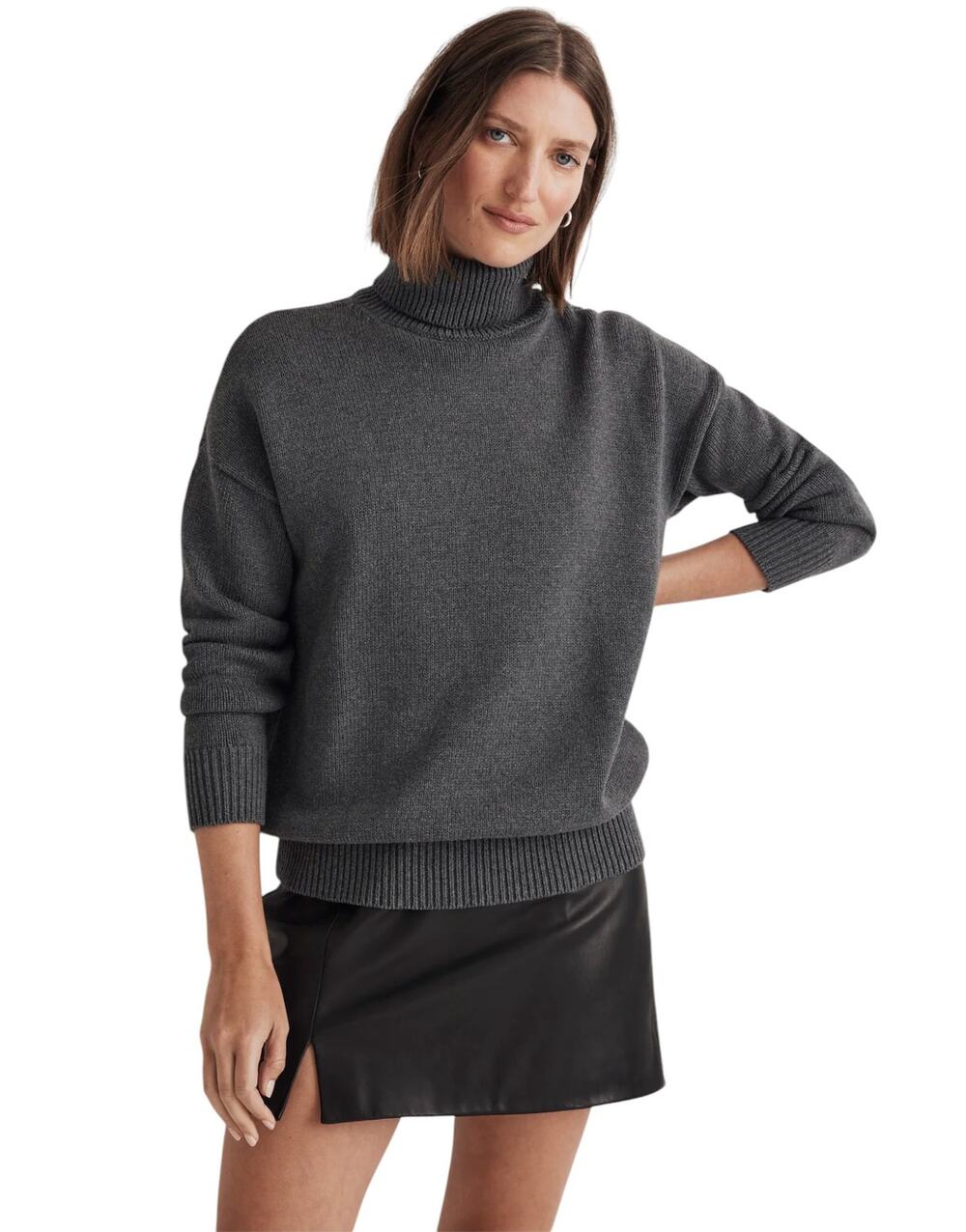 Madewell Heather Graphite Gray Ribbed Cotton Turtleneck Sweater